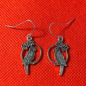 Parrot on Swing Silver Tone Pierced Earrings